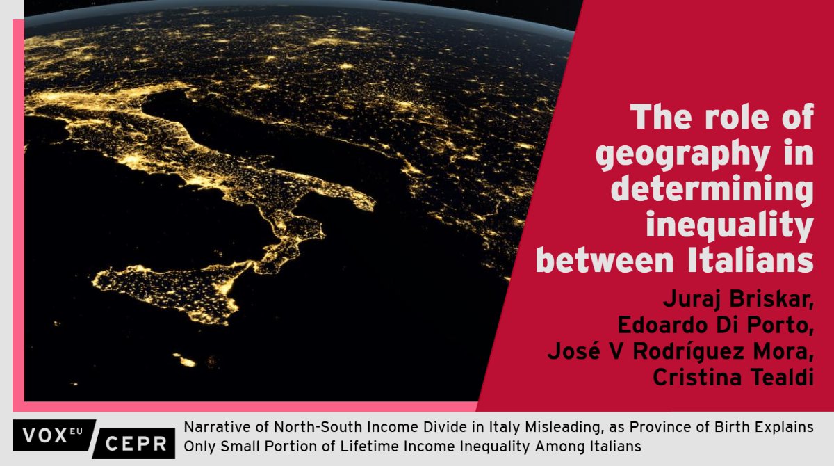 VoxEU (@voxeu) on Twitter photo Province of birth explains only a small fraction of #IncomeInequality among #Italians. Rich-poor gaps within provinces matter more than regional disparities.
<a href="/briskar/">Juraj Briskar</a> <a href="/LSEEcon/">LSE Department of Economics</a>, <a href="/edoardodiporto/">Edoardo Di Porto</a> <a href="/UninaIT/">Unina Federico II</a>, J V R Mora <a href="/econedinburgh/">School of Economics, Edinburgh</a>, <a href="/cricri81/">Cristina Tealdi</a> <a href="/HeriotWattUni/">Heriot-Watt University</a>
ow.ly/zloZ50P07q4 Province of birth explains only a small fraction of #IncomeInequality among #Italians. Rich-poor gaps within provinces matter more than regional disparities.
<a href="/briskar/">Juraj Briskar</a> <a href="/LSEEcon/">LSE Department of Economics</a>, <a href="/edoardodiporto/">Edoardo Di Porto</a> <a href="/UninaIT/">Unina Federico II</a>, J V R Mora <a href="/econedinburgh/">School of Economics, Edinburgh</a>, <a href="/cricri81/">Cristina Tealdi</a> <a href="/HeriotWattUni/">Heriot-Watt University</a>
ow.ly/zloZ50P07q4