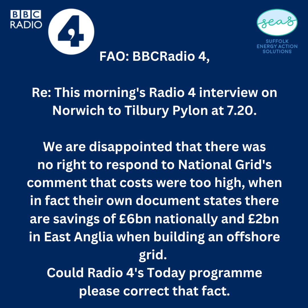 SEAScampaign's tweet photo. @BBCr4today Re: This morning's Radio 4 interview on Norwich to Tilbury Pylon at 7.20am - We are disappointed that there was no right to respond to National Grid's comment that costs were.... https://t.co/0xK8uasFLu