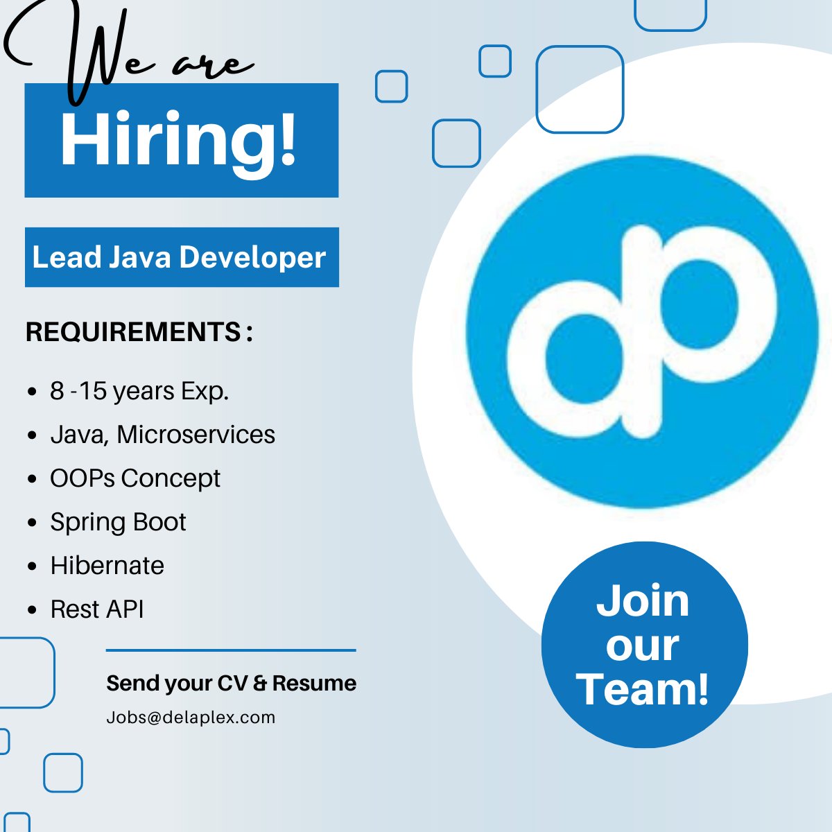 DelaplexTeams's tweet image. Join delaPlex as a Lead Java Developer and shape the future of software engineering! 🚀 If you're a Java expert with a proven track record, we want to hear from you! Apply now at jobs@delaplex.com  
#LeadJavaDeveloper #delaPlexIsHiring #LeadershipOpportunity #JoinOurTeam