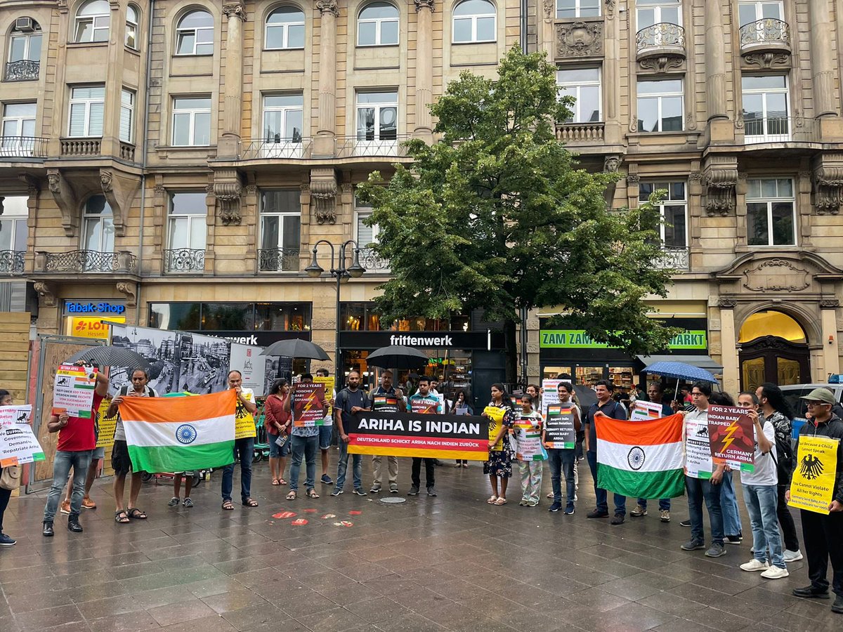 ayu_agarwal94's tweet photo. Indian community in #Germany protested in #Frankfurt to demand the repatriation of #BabyAriha to India. The protest highlighted the violation of her cultural rights. 

It has been close to two years, since Ariha was taken in Foster care by German authorities. https://t.co/elHFnSbAP2
