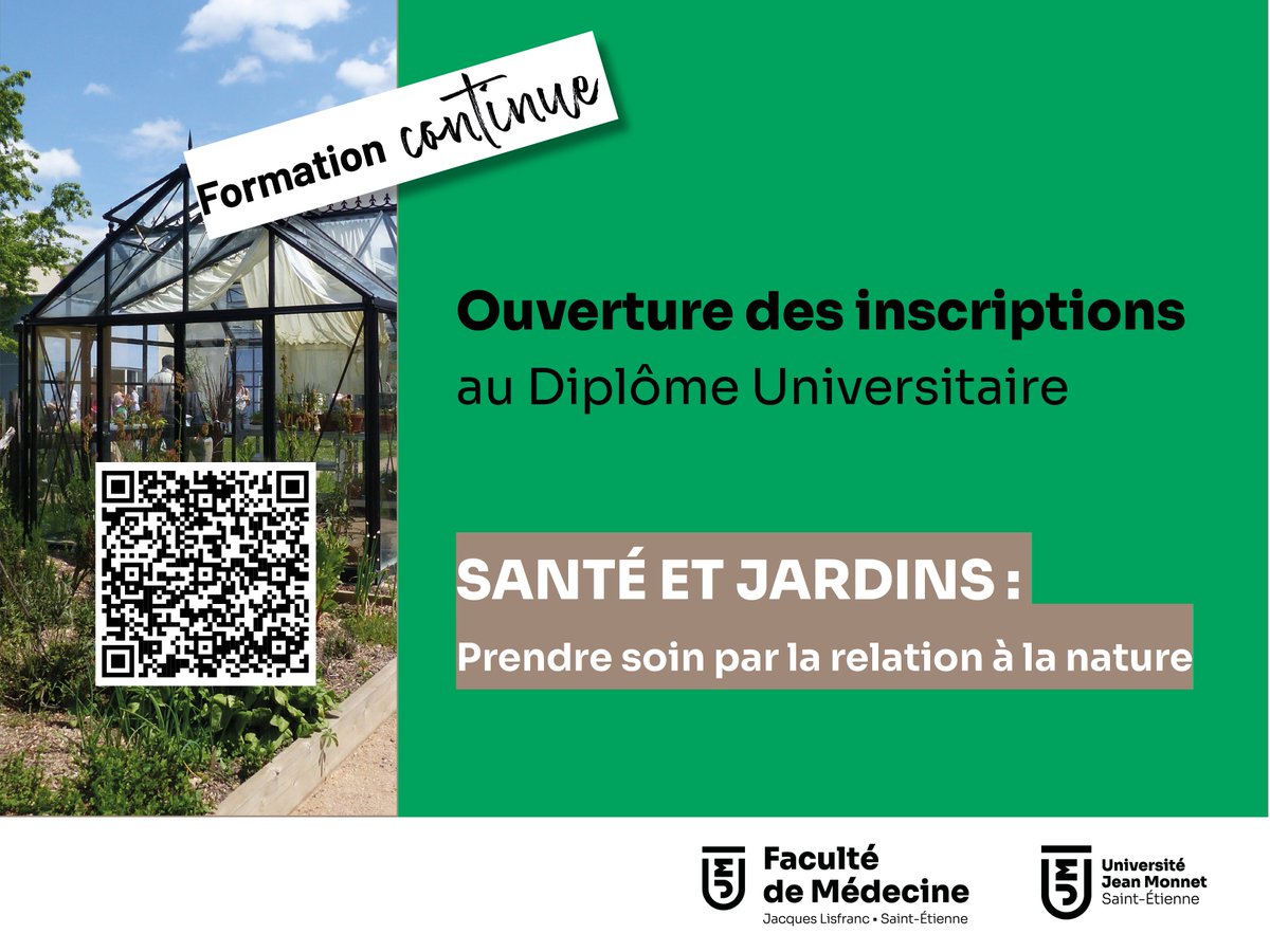 [#FormationContinue 🎓] Les inscriptions au D.U 
« Santé et Jardins » sont ouvertes !

Une #formation unique pour sensibiliser aux bienfaits de l'hortithérapie et des jardins de soins comme méthodes complémentaires non médicamenteuses en #psychiatrie

➡️tinyurl.com/yc3t854j