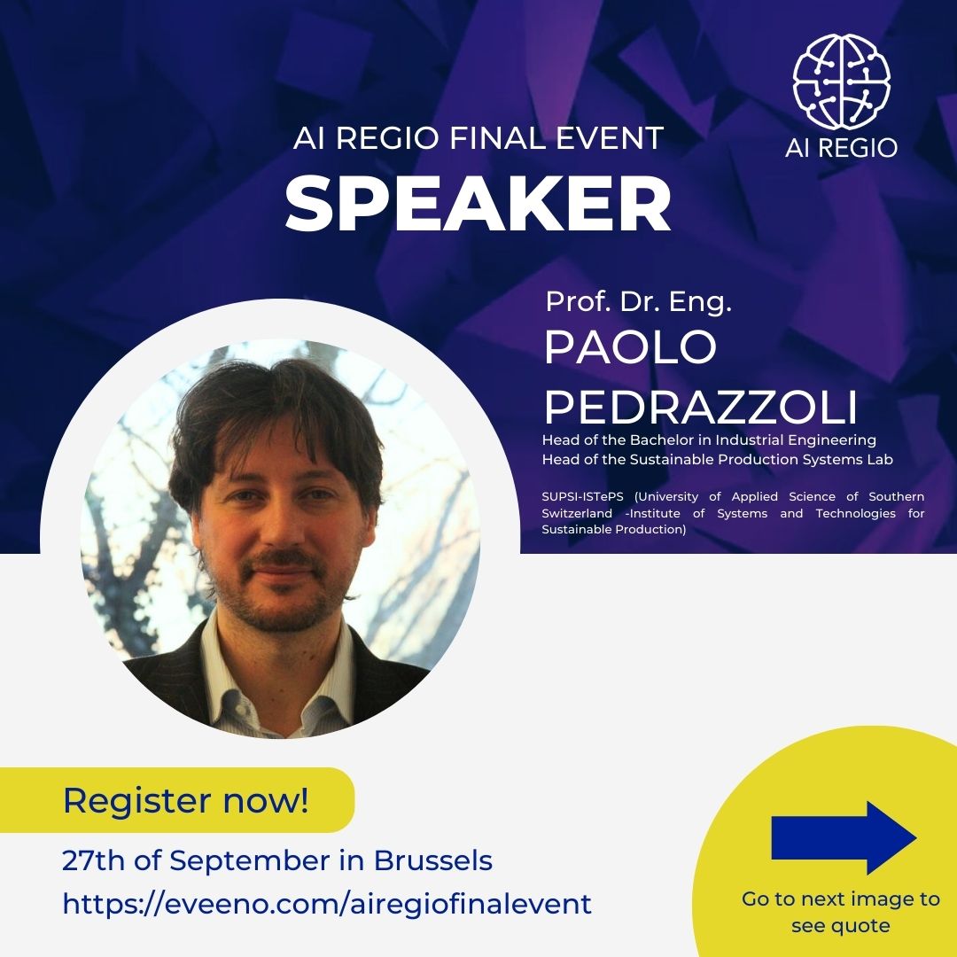 ai_regio's tweet photo. Speaker announcement for our #AIREGIO Final Event: Prof. Dr. Eng. Paolo Pedrazzoli! 🤗
🇨🇭 Head of Sustainable Production Systems Lab at @supsi_ch, he will moderate the interactive session on #AI-based Data Platforms for #Manufacturing.
🗓️Register: https://t.co/CkcEPJlBD4 https://t.co/ApkhXMx0HU