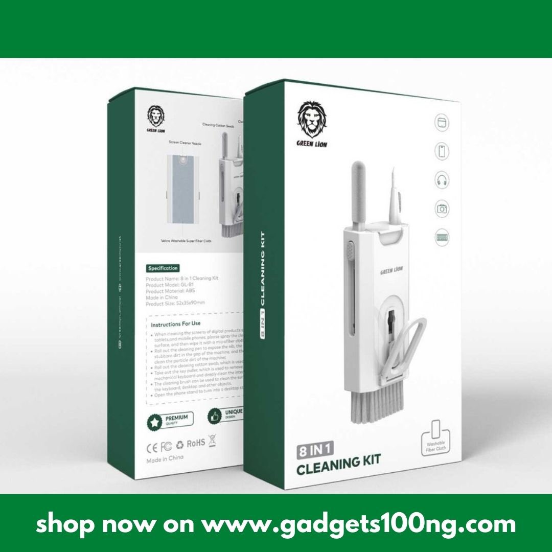 Gadgets100ng's tweet photo. Keep your devices sparkling clean with Green Lion 8-in-1 cleaning kit ✨✨✨

✔️Keyboard ⌨️ 
✔️Headphone 🎧 
✔️Phone Screen Cleaner 
✔️Phone Stand 

Price: NGN 7,500 only 

Get yours today 👉 https://t.co/bUbIJbg5iv

#buyfromgadgets100 #greenlion https://t.co/Qzb875mg8t