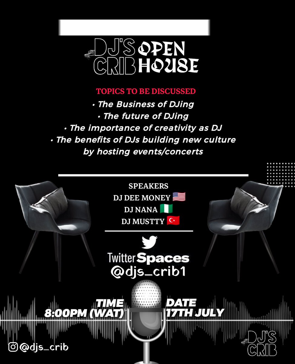 djs_crib1's tweet photo. This week on DJ'S CRIB OPEN HOUSE on Twitter Space
With our wonderful speakers across the globe
By 8PM (WAT) Monday 17th JULY.
All DJs are welcomed✌🏻
Please follow our twitter page for easy access and turn on the notifications button for updates #dj #djscrib #Discussion https://t.co/knQxw0w3E7