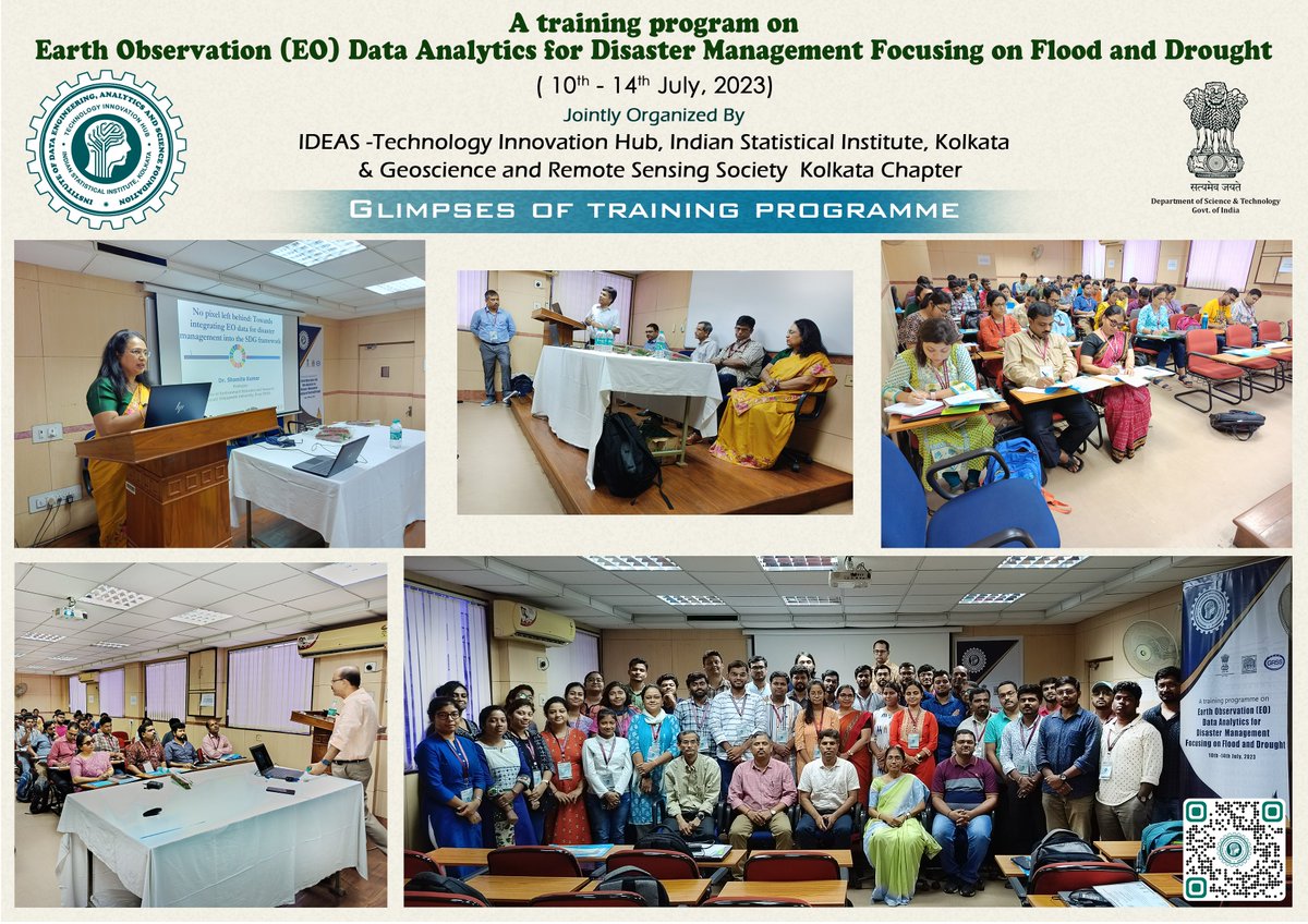 IsiTih's tweet photo. IDEAS-TIH was successfully organized “A training program on Earth Observation (EO) Data Analytics for Disaster Management focusing on Flood and Drought” Jointly Organized by IDEAS -TIH, ISl, Kolkata &amp; GRSS Kolkata Chapter, held in ISI, Kolkata, from 10-14 July, 2023. https://t.co/TFgA0NtGZg