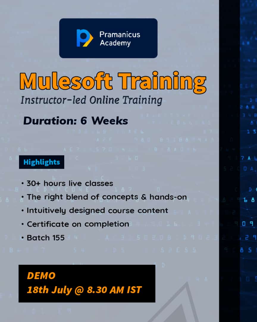 🚀 Join the Mulesoft revolution! 🌟 Our 155th training batch starts on 18th July, 8:30am IST. 🎉 Don't miss this chance to master Mulesoft integration and boost your career. Enroll now and become a certified expert! 💪✨ #MulesoftTraining #Batch155 #UnlockYourPotential