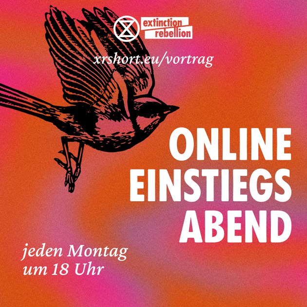 Einige Termine diese Woche: 🌱

Mo 18 Uhr Einstiegsabend 
Mo 18 Uhr AG Mobi&amp;Struktur 
Di 18 Uhr AG Anti-Rassismus
Di 19 Uhr AnkerXChange
Di 20 Uhr Einführung XR Design
Do 17 Uhr Infocall Artensterben - Aktion zur Vollversammlung des Weltbiodiversitätsrates (IPBES) 2023 in Bonn