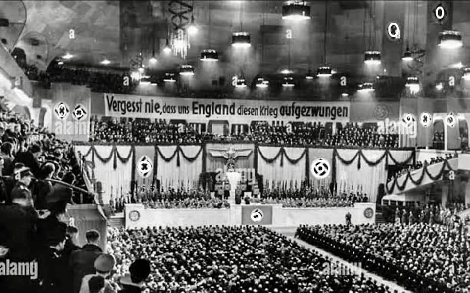 slantchev's tweet photo. “Never forget that England imposed this war on us”

Says the banner above Goebbels’s head as he delivers a speech in 1942. 

The original from which the  Kremlin cribbed “the Anglo-Saxons made us do it”. If it worked for the Nazis then, why wouldn’t it work for the fascists now? https://t.co/7eaiiAgmQJ