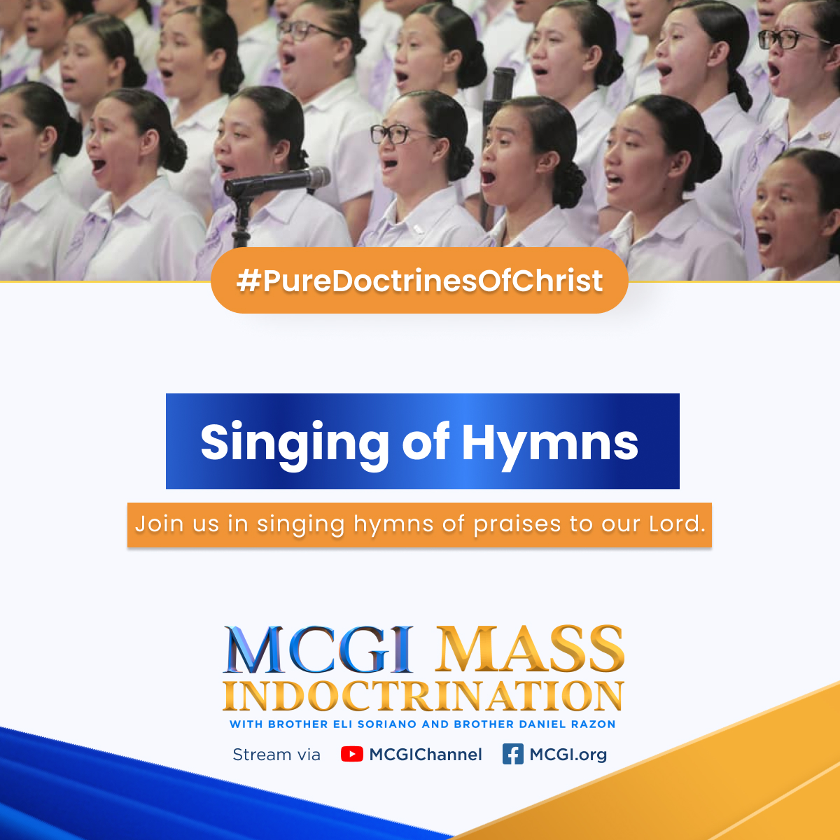 mcgidotorg's tweet photo. Next: MCGI now opens Session 1 of Mass Indoctrination with music and songs of praise. Feel free to sing with us!

The Church Built by God
#PureDoctrinesOfChrist https://t.co/bJxKRESe9p