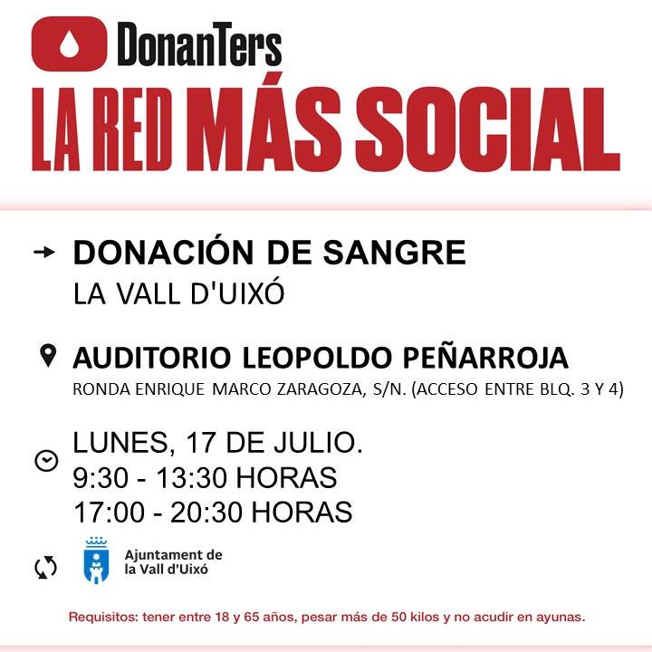 GVAdonasang's tweet photo. Dona sang #LaVallDUixò
📅dilluns #17Juliol
Per a tractaments oncològics, intervencions quirúrgiques, trasplantaments...la teua donació de sang és insubstituïble.
A l'estiu #DónaSang #ComparteixVida https://t.co/KpmRClNmZw