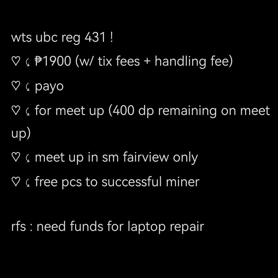 honeypunch_cart's tweet photo. ♡ᵎ⌢  #honeypunch_sells ˎˊ˗       

wts ubc reg 431 day 1 !  
♡ ⤹ ₱1900 (w/ tix fees + handling fee) 
♡ ⤹ see pic for deets!  

rfs : need funds for laptop repair

t. lfb ph twice ready to be ph bulacan ubc regular day 1 https://t.co/Oj5FHz7bBu