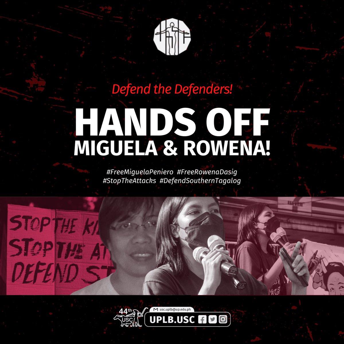 [OFFICIAL STATEMENT OF THE UPLB USC ON THE ARREST OF TWO ACTIVISTS IN ATIMONAN, QUEZON]

HANDS OFF COMMUNITY WORKERS! FREE MIGUELA AND ROWENA!

Read the full statement here: facebook.com/UPLB.USC/posts…

#FreeMiguelaPeniero
#FreeRowenaDasig
#StopTheAttacks
#DefendSouthernTagalog