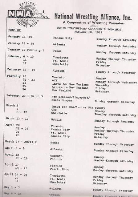 The NWA booking sheet for Ric Flair in early 1983. 2 days off between January and May. An insane work schedule. 

@RicFlairNatrBoy @HeyHeyItsConrad https://t.co/8AfTBNj8yo