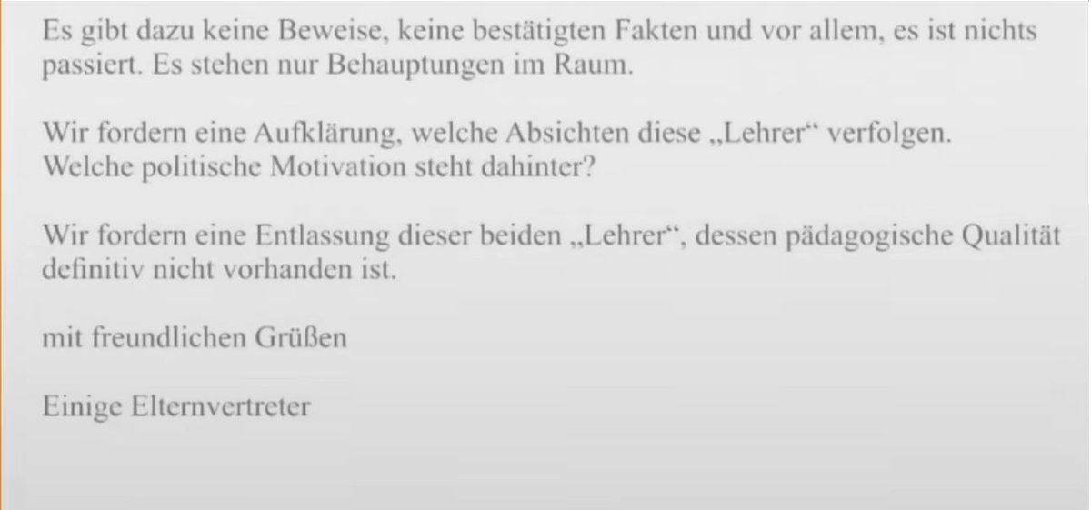 Megahomer's tweet photo. Finde diesen Brief einiger Eltern der Schule in Burg auch einfach zu krass. "Hier ist doch gar nix passiert" nach Zeigen von H*tlergruß, Nazi-Liedern und Hakenkreuz Schmierereien. Die beiden Lehrer:innen stellen sich dagegen und haben dann ein "eigenes Bild von Demokratie"??? https://t.co/b0XKBnGEBl