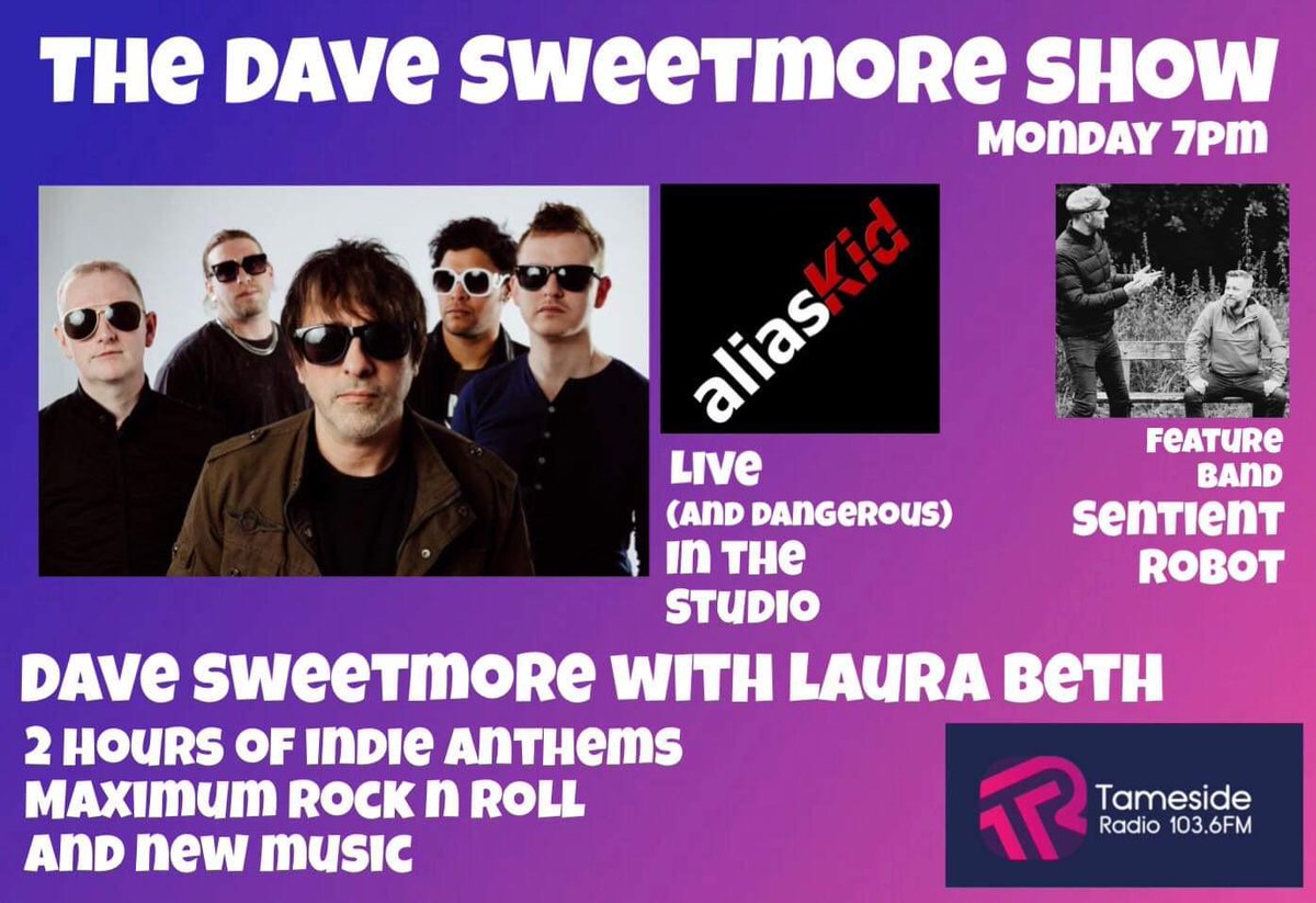aliaskid's tweet photo. ⚡Tonight from 7pm: Mon 17th July ⚡

Tune into @tamesideradio 103.6 FM tonight 7pm where we'll be joining @davesweetmore live in the studio. 

...only on The Dave Sweetmore Show!

We Are Alias Kid x

#tamesideradio #aliaskid
#thedavesweetmoreshow #indieanthems #rocknroll #live https://t.co/Yckgj2WYrD