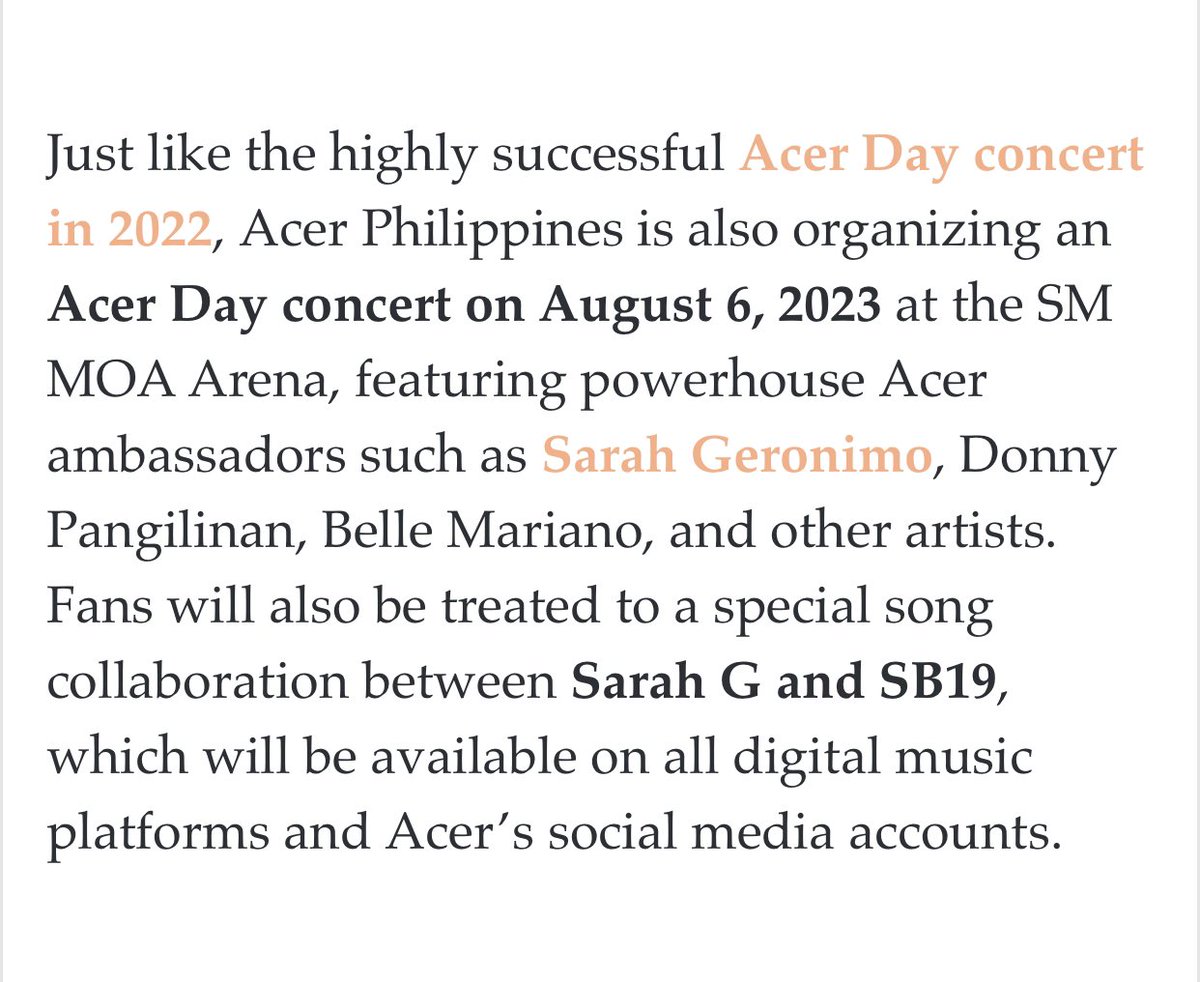 Ashmatt_jenny's tweet photo. Much-awaited collab of Sarah G &amp; SB19, finally happening?👀
#AceYourWorld 

If ever true,from Araneta sold out concerts to MOA Arena to Philippine Arena ang ganap ni Madam!

Aug 6 - Acer
Aug 25- FIBA World Cup
Aug 26 - Coke event

@JustSarahG #SarahGeronimo https://t.co/eVkXNFBW5C