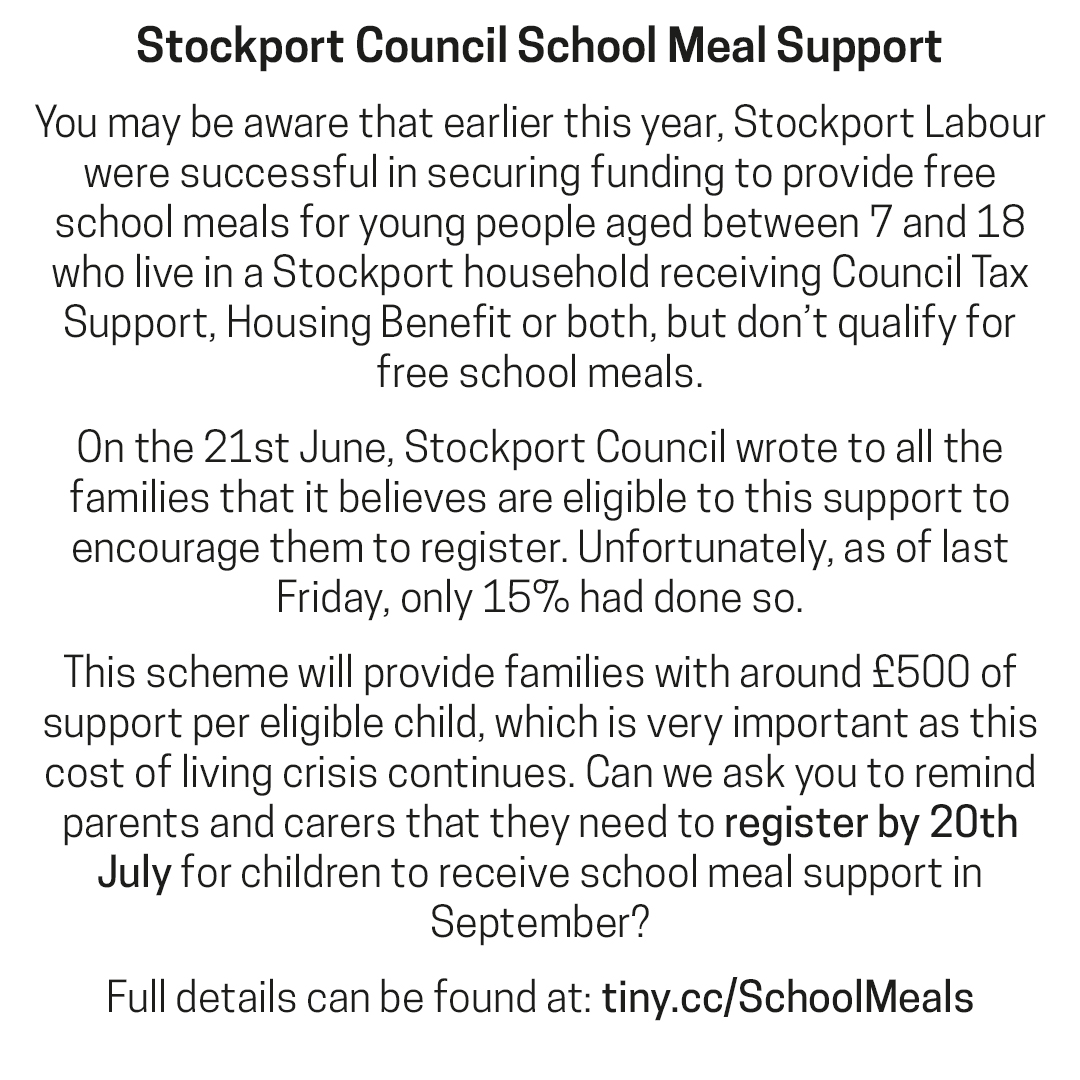🍽️ | Please see the attached for important information regarding Stockport Council's Free School Meal registration deadline: tiny.cc/SchoolMeals