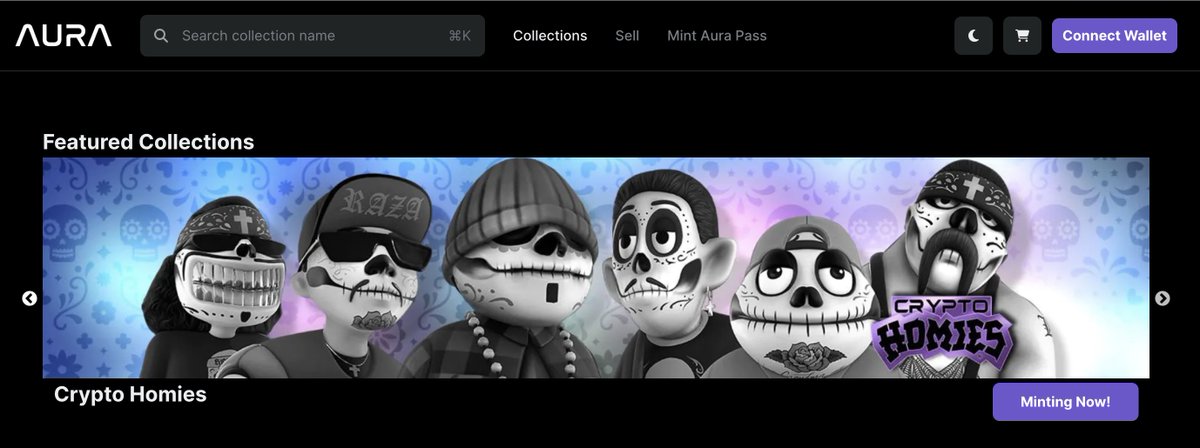 Minting Now on hub.auraexchange.org

<a href="/CRYPTOHOMIES_/">CRYPTO HOMIES CLUB</a> Genesis collection
Mint 1 Genesis which is signed by DavidG
Receive another 3 Genesis (unsigned) airdropped to your wallet

Web2 in Web3 fo real...

#lowrider #chicanostyle #NFTs #losangeles #latino #CryptoHomies #Aura