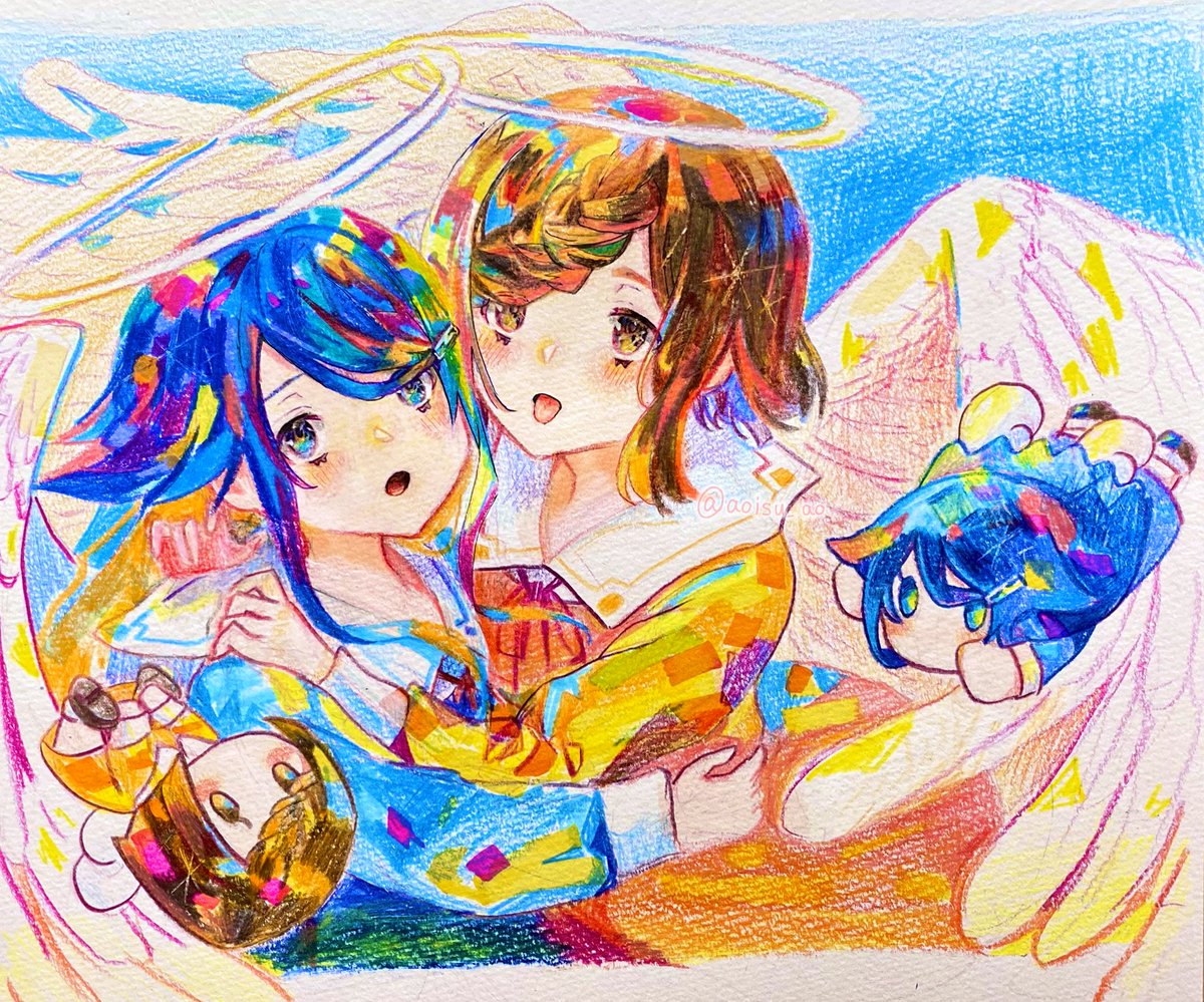 multiple girls wings blue hair traditional media blue eyes halo 2girls  illustration images