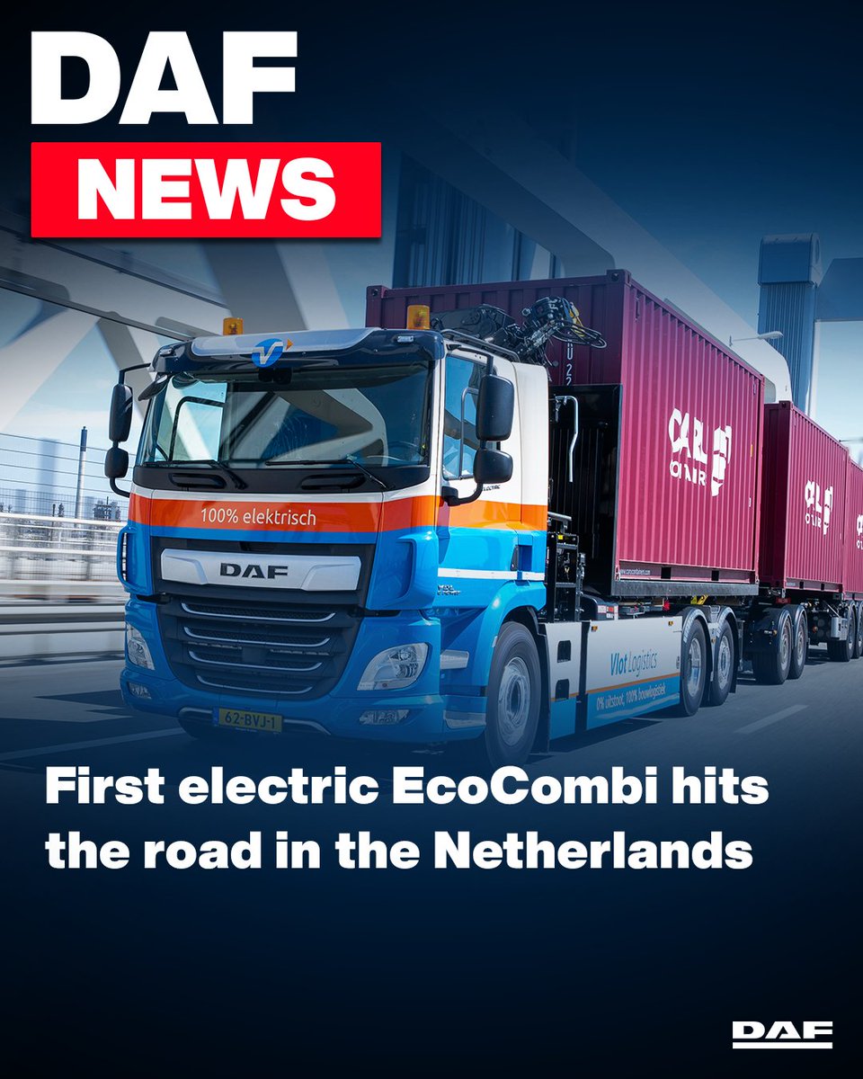 DAFTrucksNV's tweet photo. First electric EcoCombi hits the road in the Netherlands!
Vlot Logistics has taken this CF combination into operations. The combination is equipped with a HIAB hooklift system, in combination with a 23 ton/meter crane.
Read more: https://t.co/fGZbLC4BZK
#daftrucks | #ecocombi https://t.co/2RDG3O4HqC
