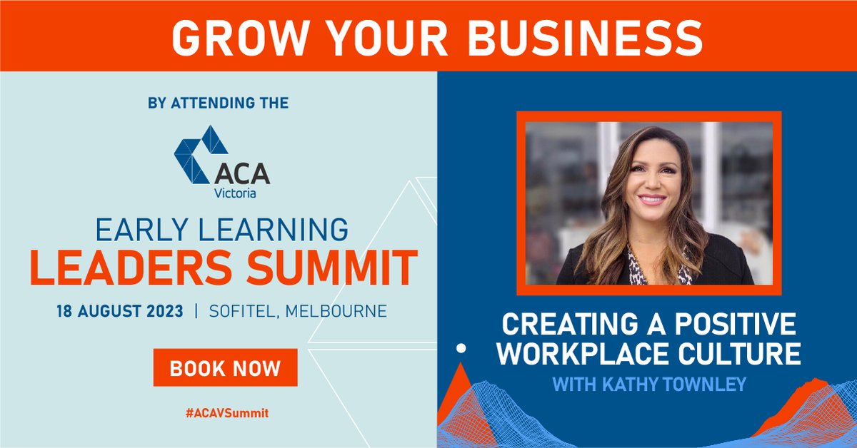 Exciting news! Join ACA Victoria's Leaders Summit on 18th Aug with keynote speaker Kathy Townley. Learn techniques for staff sourcing &amp; retention, and create a positive workplace culture. 

Book now 👉 earlylearning.events/EarlyLearningL…