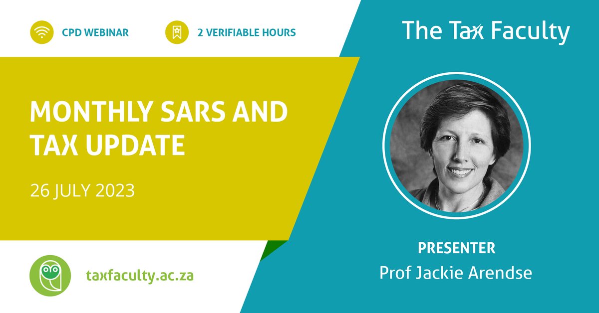The Tax Faculty (@thetaxfaculty) on Twitter photo #taxwebinar | Tax professionals must be informed and well-rounded. Don't miss Prof <a href="/JackieAren/">Jackie Arendse</a> in July's monthly SARS and Tax Update, where she will focus on resolving current taxpayer issues experienced by tax practitioners.
🔗 Book your seat > ow.ly/cOsM50PcyK9 #taxwebinar | Tax professionals must be informed and well-rounded. Don't miss Prof <a href="/JackieAren/">Jackie Arendse</a> in July's monthly SARS and Tax Update, where she will focus on resolving current taxpayer issues experienced by tax practitioners.
🔗 Book your seat > ow.ly/cOsM50PcyK9