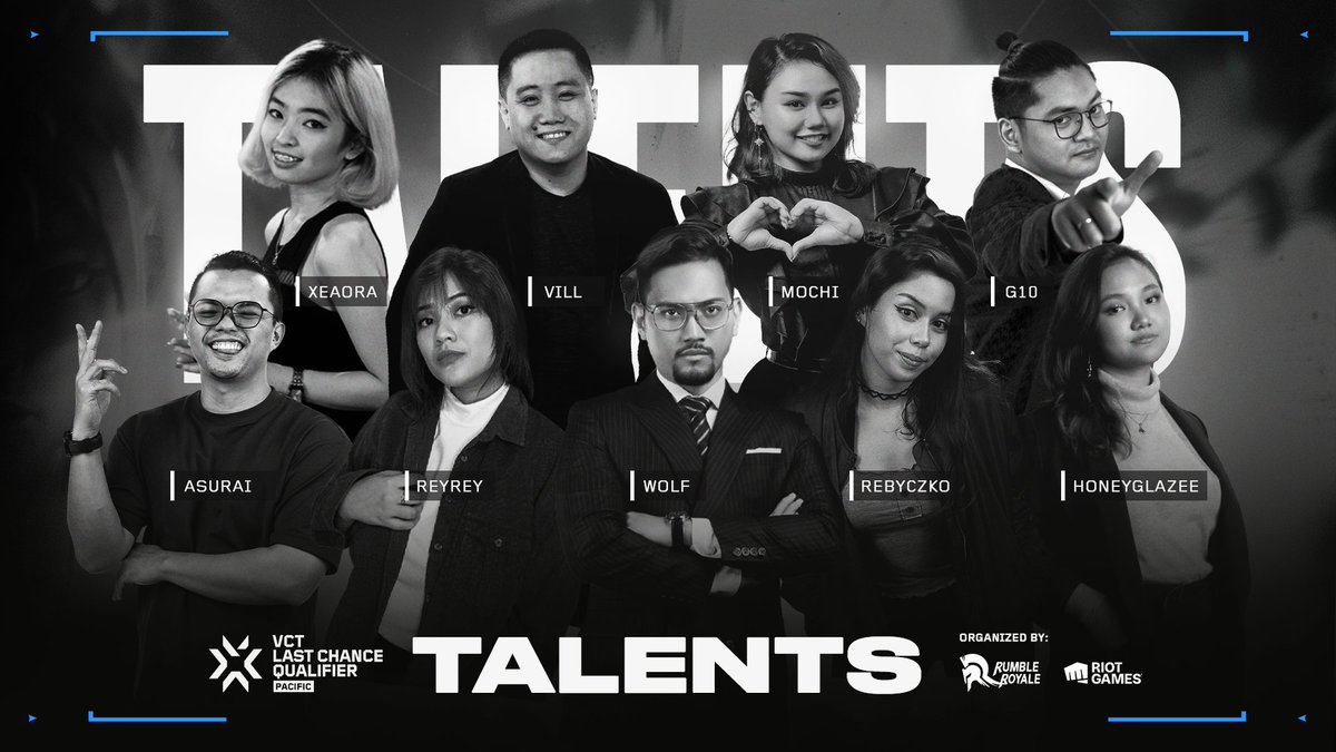 VALEsportsPH's tweet photo. We are proud to present you the official talents for the VCT Last Chance Qualifier Pacific 2023 Filipino Broadcast!

Talent Lineup:
@xeaoraa @VillSanityy @mochicakesuwu @GioDungca @AsuraiGaming @reyreyxia @wolfcasts @rebyczko @misshoneyglazee  

#LCQPacific #VCTPacific https://t.co/Tjewjfyrqq
