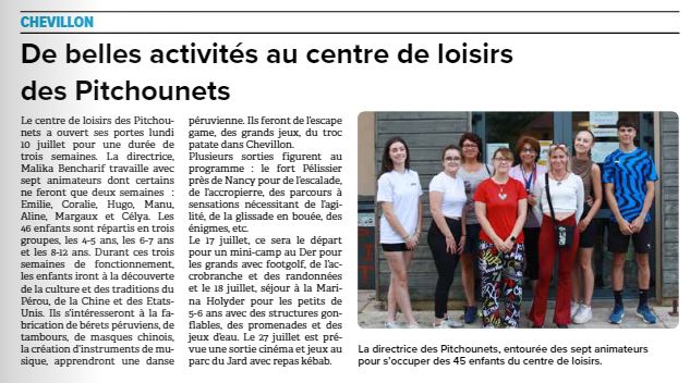 HauteMarne_ADMR's tweet photo. Un été qui démarre bien avec les Pitchounets, le centre de loisirs de l'ADMR de la Haute Borne.
(Article du @jhm_fr 14/07/2023)

#ADMR #pourtoustoutelaviepartout #chevillon #centredeloisirs #hauteborne https://t.co/9qjW7961i2
