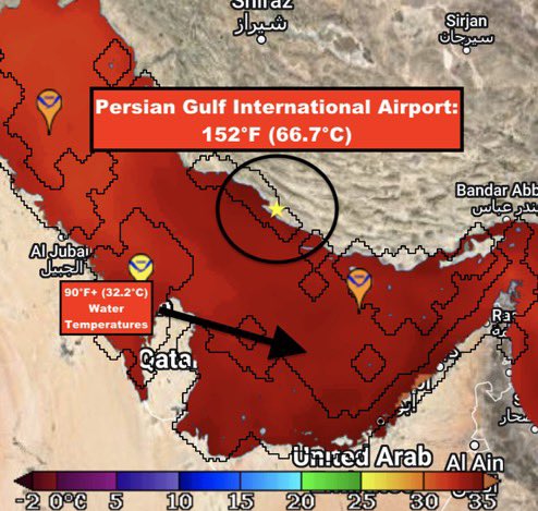 ProfMarkMaslin's tweet photo. #Iran
#ClimateCatastrophe
Persian Gulf International Airport in Iran reported a heat index of 66.7°C (152°F) Sunday 16th July at 12:30 pm.
These are extreme conditions for human/animal life. https://t.co/kDjS7U01tG