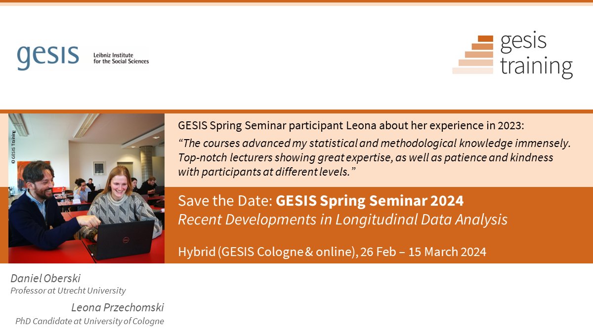 gesistraining's tweet photo. 📣 Save the Date!

GESIS Spring Seminar 2024 - Recent Developments in Longitudinal Data Analysis

🗓️ 26 Feb - 15 Mar 2024
🏢 Hybrid (Cologne &amp; online)
➡️ https://t.co/KtPw0fdMSb https://t.co/KJi4NE9dkJ