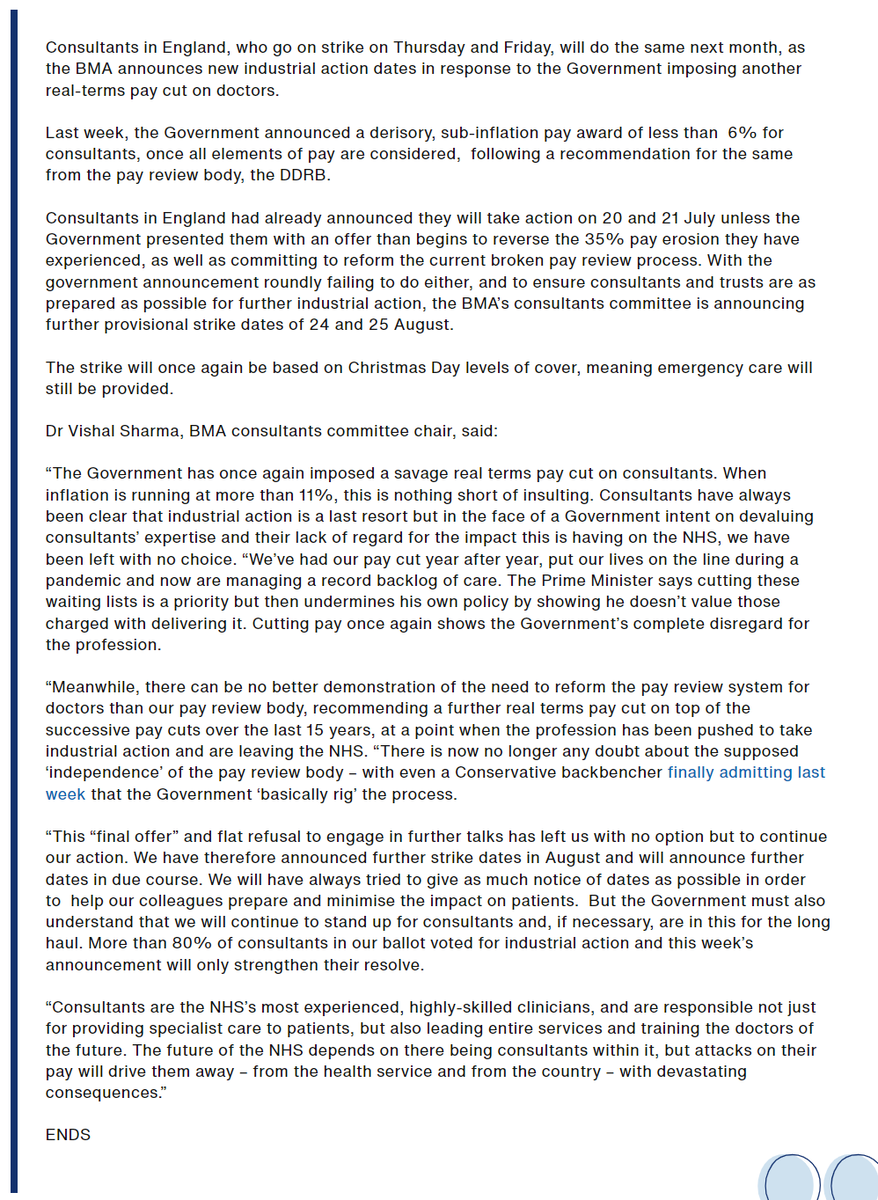 BREAKING: Excellent press release <a href="/BMA_Consultants/">BMA Consultants</a> <a href="/Vish_Sharm/">Vishal Sharma</a> 

"Gvemnt has once again imposed a savage real terms pay cut on consultants. When inflation is running at more than 11%, this is nothing short of insulting."

"This “final offer” &amp; flat refusal to engage in further
