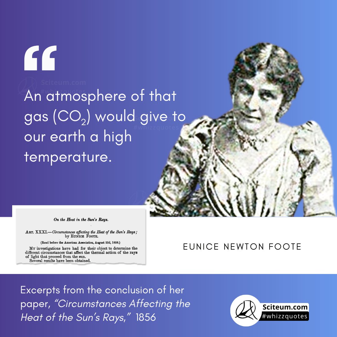 sciteum's tweet photo. Born #onthisday (July 17) in 1819, Eunice Newton Foote was an amateur scientist and a women's rights campaigner. She was the first scientist who discovered the impact of climate due to the effect of certain gases when exposed to sunlight. 

#whizzquotes by @Sciteum
#scicomm #OTD https://t.co/3CM9K8ZGhW