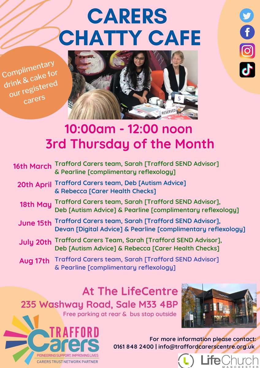 All parent carers in Trafford are invited to a friendly coffee morning for peer to peer support, signposting, to listen to guest speakers and enjoy some wellbeing sessions. 

trafforddirectory.co.uk/kb5/trafford/f…