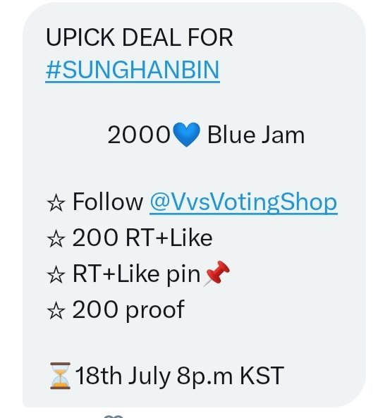 AllinAngeldan18's tweet photo. ‼️24 hours‼️🌼RT Deal for #ZEROBASEONE Sung Hanbin - Upick🌼

 🍊2000💙

RULES:
🌼FOLLOW @VvsVotingShop
🌼200 RT AND LIKES
🌼RT + LIKE PIN 
🌼 200 PROOFS

Deadline: JULY 18 8pm KST
#SUNGHANBIN #성한빈   
#ZEROBASEONE https://t.co/r7Hm42NbMY