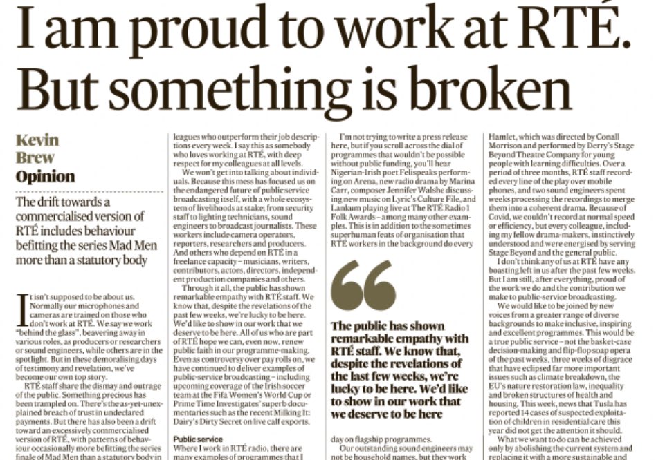 ✍🏻 Op-Ed | #ourSIPTU rep Kevin Brew for RTÉ radio drama writing in today’s @IrishTimes “What we want to do can be achieved only by abolishing the current system and replacing it with a more sustainable and equitable funding model.” More here: 👉 irishtimes.com/opinion/2023/0…