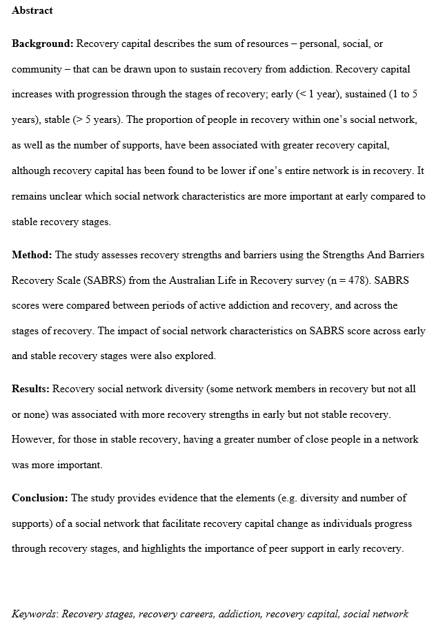 “Composition of social networks to build recovery capital differ across early and stable stages of recovery” by Ariel Roxburgh (<a href="/TurningPointAU/">Turning Point</a> <a href="/MonashAddiction/">Monash Addiction Research Centre</a>), <a href="/DavidBe25428272/">David Best</a> (<a href="/LeedsTrinity/">Leeds Trinity University</a>), <a href="/dan_lubman/">Dan Lubman</a>, &amp; <a href="/drvictoriamann1/">Victoria Manning</a> #accepted