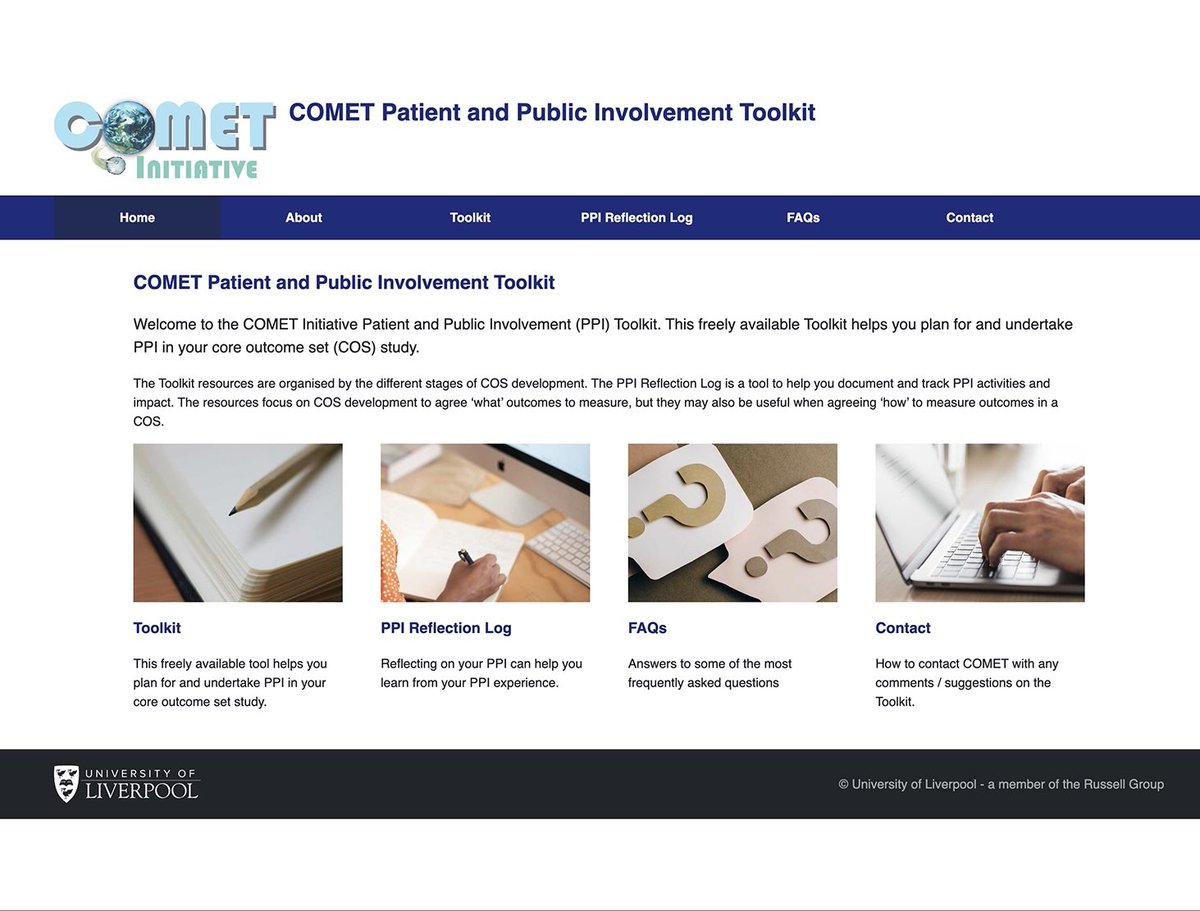 Are you developing a core outcome set (COS) study? Are you collaborating with patients as research partners in designing, delivering or disseminating your COS study? Check out the COMET PPI Toolkit comet-ppi-toolkit.liverpool.ac.uk
