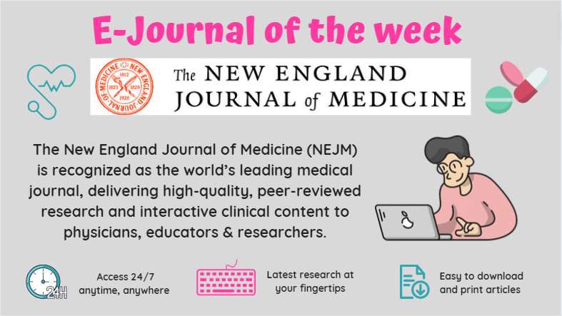 LancsHospLib's tweet photo. π₯ππ₯οΈ E-JOURNAL OF THE WEEK π₯οΈππ₯
The NEJM is a weekly general medical journal publishing new medical research. Access online with an OpenAthens account π https://t.co/6wWL8WJXOX No account? Register quickly & easily online! π https://t.co/PQPNooWYtX #LTHTrEJournaloftheWeek https://t.co/KletZIzHwc