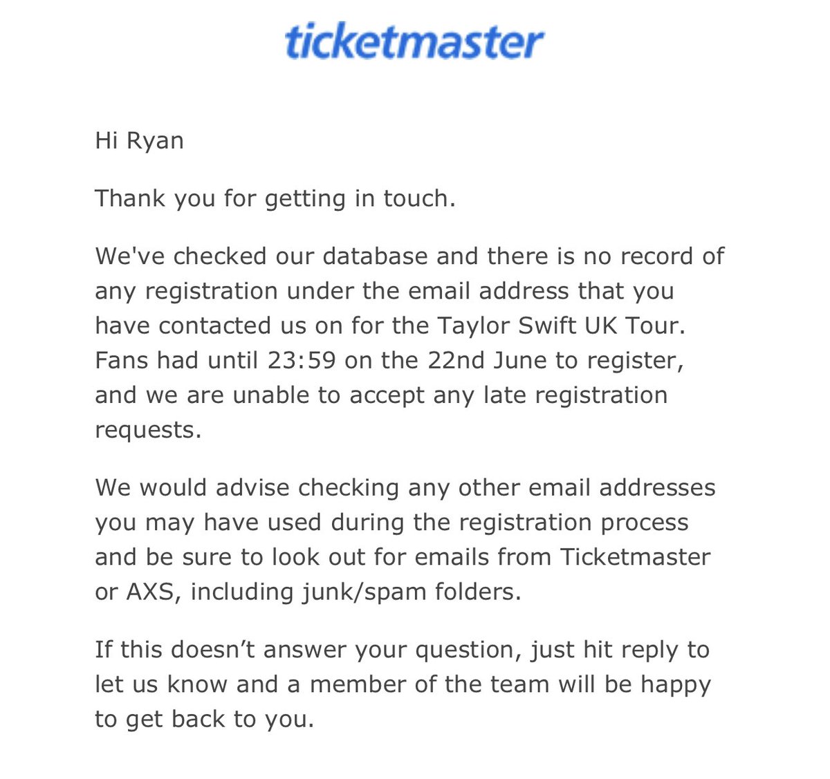 Fun_Ryzo's tweet image. I got this so apparently I didn’t register when I definitely did. @TicketmasterCS #taylorswift #accesscode #edinburgh