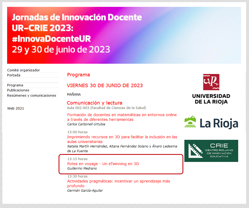 GmedranoTIC's tweet photo. La innovación de #eTwinning llega a la Universidad ☺️
Nuestro "Potes en Voyage avec eTwinning" presentado en las Jornadas de #InnovaciónDocente UR-CRIE 2023
¿Qué es?
Un #metaverso educativo en 3 idiomas
Pasos para cambiar la educación💪🏻
@LPO_G_Imbert @iesgm
#InnovaDocenteUR https://t.co/EAk4GBaMpr