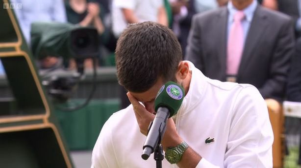 pythaginboots's tweet photo. Tried to teach my 4yr old daughter how to lose gracefully by watching Djokovic’s post match speech… ‘See champions are nice to the winner and don’t throw tantrums or cry’…

Only for @DjokerNole to weep right at the end and for her to say ‘see dad grown men cry too’

#Wimbledon https://t.co/hnE98TdzTu