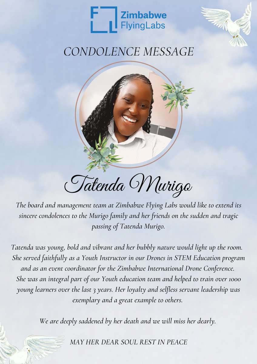 We are devastated by the news of the tragic passing of <a href="/TatendaMurigo/">🟣 Tatenda Murigo</a>.
This is a painful loss of someone so young and with so much promise.
Tatenda was part of our family and we will miss her dearly.