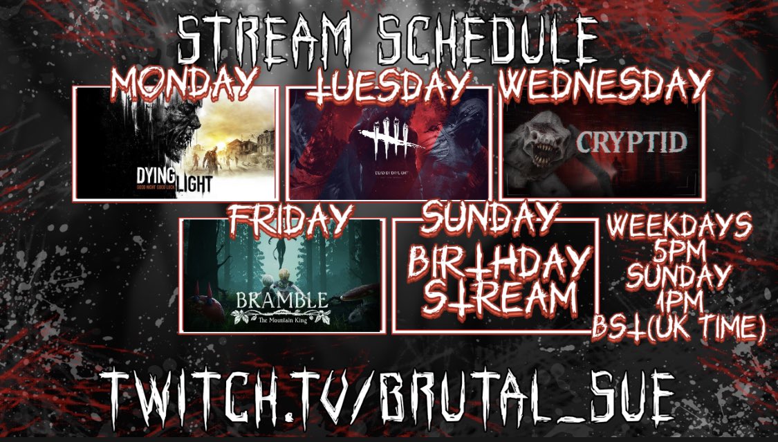 BrutalSue666's tweet photo. After a fun but tiring weekend I’m excited to get back to streaming! New game to try Wednesday and a cheeky Birthday stream Sunday! Let’s kick this week hard in the eye! https://t.co/fRh6iDI3hT