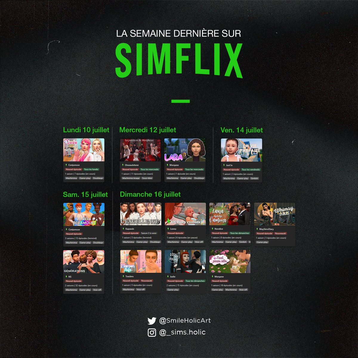 SmileHolicArt's tweet photo. La prog de la semaine dernière sur Simflix !
Retrouver les épisodes de @conjureuse Oiseaudelune @MomoPerez7 @Just_in_sims @Kapands Loney @NoraliceY MaySimsDiary @NSProduction99 @Trasiims_yt @judie_ytb
Bon visionnage ! #simflix
Simflix : https://t.co/Mq1eghuAmt https://t.co/YtwGVIaD12