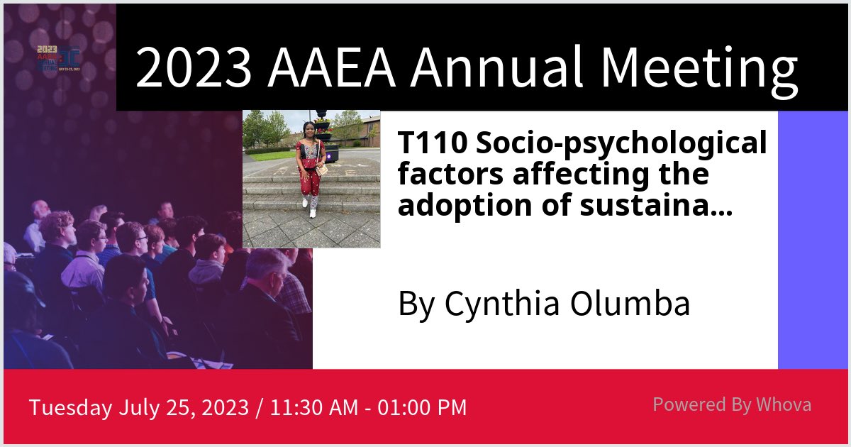 OlumbaCynthia's tweet photo. I am speaking at 2023 AAEA Annual Meeting. Please check out my talk if you're attending the event! #AAEA2023 - via #Whova event app https://t.co/c5kqMpZB1s