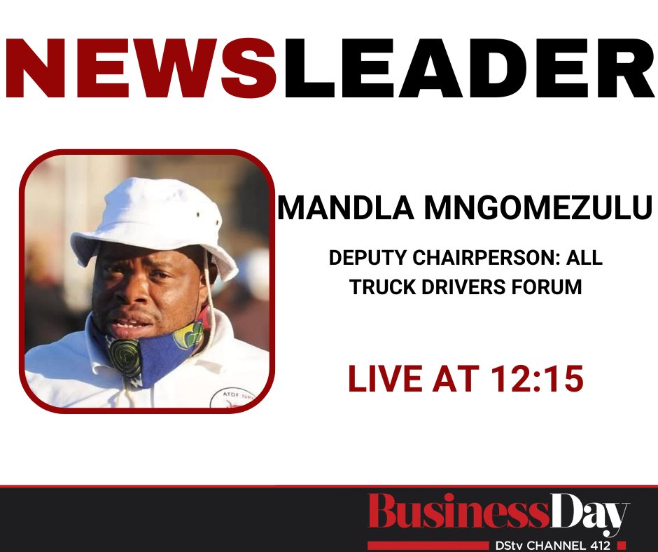 BusinessDayTV's tweet photo. COMING UP ON #BUSINESSLUNCH:
We focus on the SA truck attacks with Mandla Mngomezulu, Deputy Chairperson of the All Truck Drivers Forum.
Catch it live.
Only on DSTV #Channel412 with @Nolu_MM https://t.co/PMwt3Hx3Nm