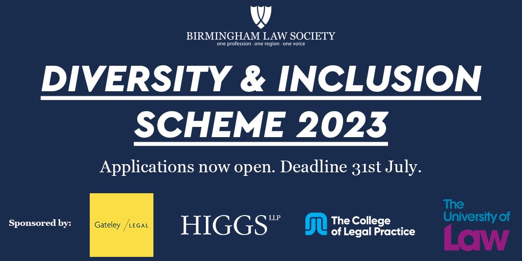 BhamLawSociety's tweet photo. 2️⃣ weeks left to apply for our Diversity Inclusion Scheme!

Helping talented young people from disadvantaged backgrounds and under-represented groups to pursue a career in law through:
- LPC or SQE scholarships
- Vacation Scheme placements
- Mentoring
 
https://t.co/Wrad5Pkqra https://t.co/VhjCsifoWL