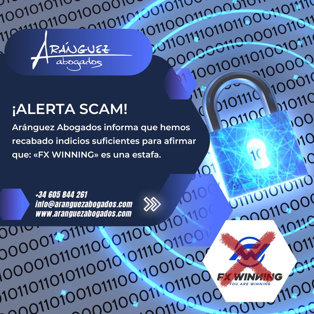 AranguezAbogado's tweet photo. ¿Ha sido afectado por Fx Winning? 

¡Únase a nuestra plataforma! 

📱 +34 605 844 261 
📨 info@aranguezabogados.com 

#aranguezabogados #fxwinning #estafa https://t.co/YojLYY0BUy