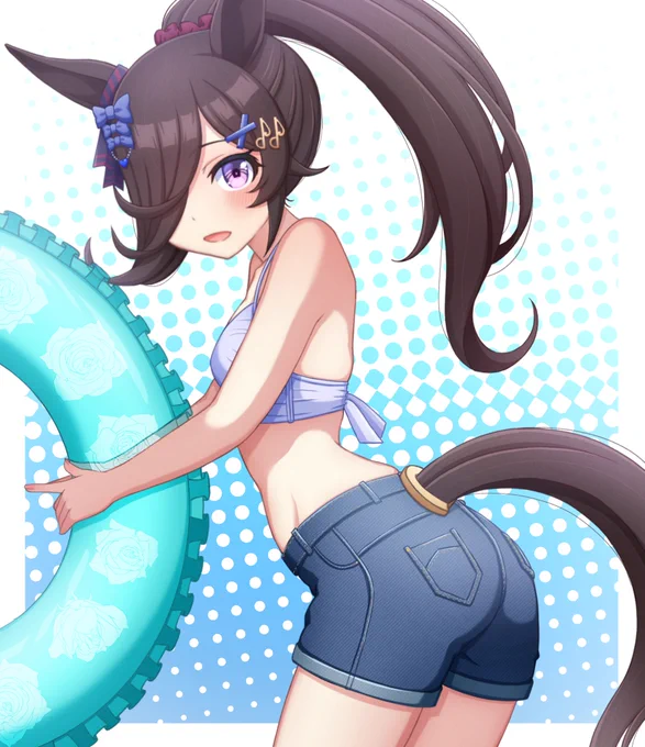#ウマ娘 #ライスシャワー 119米「ポニーテールでデニムショートパンツ系の水着を着たライスシャワー」  暑くなってきたのでライスちゃんの水着で癒されようシリーズ3枚目! 今回は活発な感じをイメージしました!