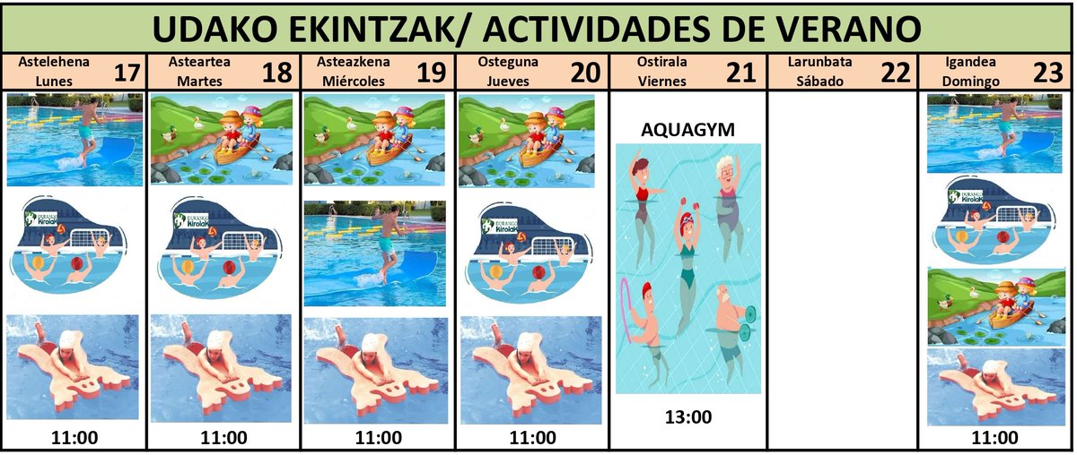 Aste honetako Tabirako igerilekuetako ekintzak/ Actividades en las piscinas de Tabira de esta semana
